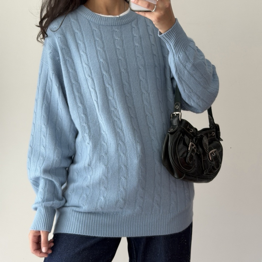 100% Cashmere Cable Knit Sweater Womens Large Blue Pastel Quiet Luxury Old Money